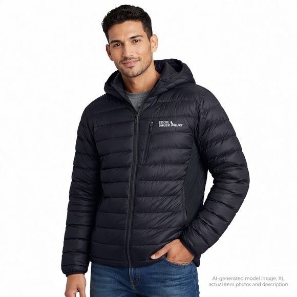 291. Eddie Bauer 550 Down Hooded Puffer Jacket Black Men’s XL - Picture 1 of 10